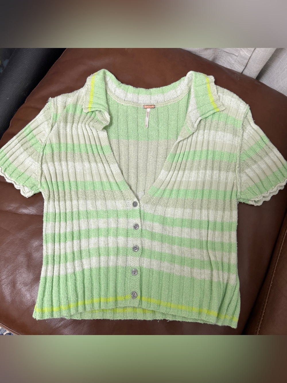 Free People Green & Cream Striped Short-Sleeve Button Sweater
